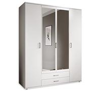 Stella Trading KARL Élégante Armoire À Vêtements, 4 Portes, Grand Espace De Rangement, Polyvalente, Portes Battantes, En Blanc, Avec Portes À Miroir, 160 x 196 x 54 cm (L/H/P)