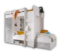 Stella Trading Lit Mezzanine Maxi avec Armoire et 2 Surfaces de Couchage 90 x 200 cm - Lit superposé pour Enfant Peu encombrant Aspect béton Blanc - 269 x 180 x 115 cm (l x H x P)