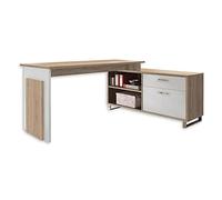 Stella Trading MANAGER Bureau d'angle en aspect chêne Sonoma, blanc - Bureau d'ordinateur moderne avec grande surface de travail et sideboard - 140 x 76 x 65 cm (L/H/P)