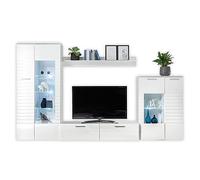Stella Trading New Long Ensemble Mural Complet en Blanc - Armoire Murale Moderne avec éclairage LED pour Votre Salon - 320 x 194 x 44 cm (L/H/P)