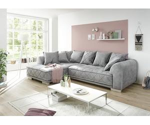 Stella Trading SENTINA Aspect Velours Gris - Canapé d'angle Moderne en Forme de L avec méridienne Universelle et surpiqûre décorative, Polyester, 319 x 73 (90) x 194 cm