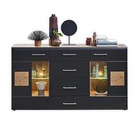 Stella Trading Sonate - Buffet Moderne avec tiroirs et éclairage LED - Aspect chêne Vieilli - Noir - 170 x 93 x 40 cm (l x H x P)