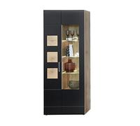 Stella Trading Sonate Vitrine en chêne Aspect Bois Vieilli Noir - Vitrine Moderne avec Portes et éclairage LED - 80 x 208 x 37 cm (l x H x P)