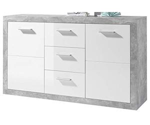 Stella Trading STONE Buffet aspect béton, blanc brillant - Commode moderne avec tiroirs et beaucoup d'espace de rangement - 147 x 89 x 37 cm (L/H/P)