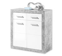 Stella Trading STONE Commode avec tiroirs en aspect béton, blanc brillant - Commode moderne avec beaucoup d'espace de rangement pour votre salon - 82 x 88 x 37 cm (L/H/P)