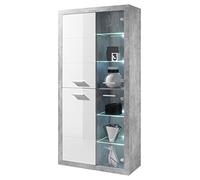 Stella Trading STONE Grande vitrine en aspect béton, blanc brillant - Vitrine moderne avec éclairage LED et beaucoup d'espace de rangement - 92 x 194 x 37 cm (L/H/P)