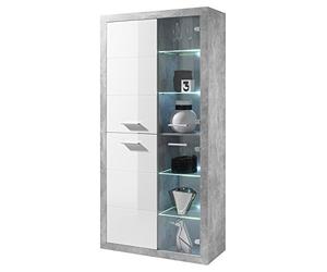 Stella Trading STONE Grande vitrine en aspect béton, blanc brillant - Vitrine moderne avec éclairage LED et beaucoup d'espace de rangement - 92 x 194 x 37 cm (L/H/P)