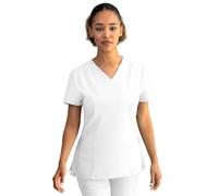 Stenso Nobby Blouse Medicale Femme - Tenue Infirmiere Professionnelle Blanche Équipée Col en V, Manches Courtes, Fentes Latérales, Trois Poches, Matériau Élastique et Stretch Blanc S