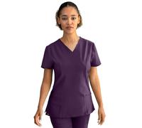 Stenso Nobby Blouse Medicale Femme - Tenue Infirmiere Professionnelle Blanche Équipée Col en V, Manches Courtes, Fentes Latérales, Trois Poches, Matériau Élastique et Stretch Confiture Violette S