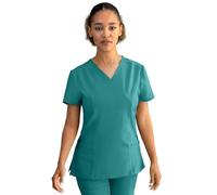 Stenso Nobby Blouse Medicale Femme - Tenue Infirmiere Professionnelle Blanche Équipée Col en V, Manches Courtes, Fentes Latérales, Trois Poches, Matériau Élastique et Stretch Bleu Vert XS