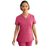 Stenso Nobby Blouse Medicale Femme - Tenue Infirmiere Professionnelle Blanche Équipée Col en V, Manches Courtes, Fentes Latérales, Trois Poches, Matériau Élastique et Stretch Fuchsia Clair S