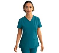 Stenso Nobby Blouse Medicale Femme - Tenue Infirmiere Professionnelle Blanche Équipée Col en V, Manches Courtes, Fentes Latérales, Trois Poches, Matériau Élastique et Stretch Bleu Caraïbes L