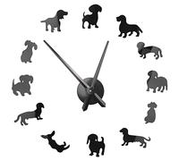 Steowsey DIY Dachshund Wall Art Wiener-Chien Chiot Chien sans Cadre Horloge GéAnte avec Effet Miroir Saucisse Chien Grande Horloge Murale Montre Noire