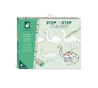 Janod - Step by Step Drawing - Apprendre à dessiner - 20 Modèles Dinos - Kit Dessin Enfant - Apprentissage Dessin et Concentration - Dès 6 ans - J09154