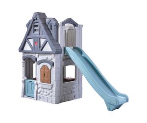 STEP2 Enchanting Adventures | Maisonnette de Jardin avec Toboggan Gris et bleu | Maisonnette Plastique Deux Niveau unisex | Maisonnette de Jardin en Plastique avec Porte et Fenêtre