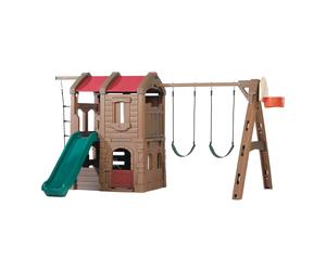 Step2 Naturally Playful Adventure Lodge Aire De Jeux Avec Toboggan / Balançoire / Échelle Corde / Panier De Basketball | Xxl Aire De Jeux Enfant En Plastic