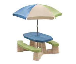 Step2 Naturally Playful Table Picnic Enfant en Vert / Bleu avec Parasol | Banc Pique Nique pour Enfants en Plastique