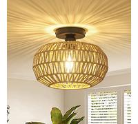 Stepeak rotin plafonnier salon, plafonnier vintage boho avec abat-jour en rotin, semi-flush mount plafonnier bambou, lampe suspendue rustique pour chambre cuisine couloir table à manger, E27, noir
