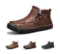 Stepthetop Motorcycle Boots, Men's Casual Leather Shoes, Hand Stitched Mid-Top Loafers, Anti-Slip, for Work, Driving (Brown(Fleece-Lined),11)