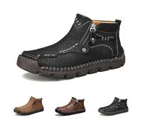 Stepthetop Motorcycle Boots, Men's Casual Leather Shoes, Hand Stitched Mid-Top Loafers, Anti-Slip, for Work, Driving (Black(Fleece-Lined),7.5)