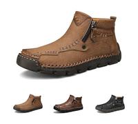 Stepthetop Motorcycle Boots, Men's Casual Leather Shoes, Hand Stitched Mid-Top Loafers, Anti-Slip, for Work, Driving (Khaki(Fleece-Lined),8.5)