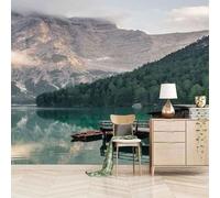 Stereo Green Forest Lake Mountain Papier Peint 3D Installation Facile Intissé Tapisserie Bureau Salon Canapé Chambre Décoration Murale-300cm×210cm