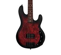 Sterling by Music Man StingRay RAY34 Poplar Burl Dark Scarlet Burst Satin Basse électrique 4 cordes en finition satinée Dark Scarlet Burst avec pickguard transparent