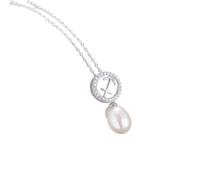 Sterling Silver Necklaces for Women 12 with 7X9Mm Pearl White Cubic Zirconia Necklace