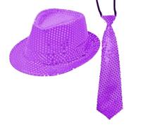 Sternfabrik Cravate à paillettes et chapeau Trilby en ensemble pour homme et femme - Costume de carnaval - Tenue scintillante - Disco (violet)