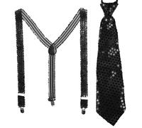 Sternfabrik Ensemble cravate à paillettes, bretelles et chapeau Trilby pour homme et femme, costume de carnaval, tenue à paillettes, discothèque, noir