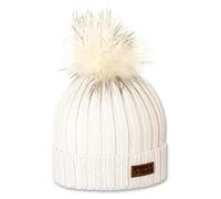 Sterntaler Bonnet pour Filles en Tricot avec Pompon en Fourrure et Écusson en Cuir, Âge : 9-18 mois, Taille : 47/49 cm, Écru
