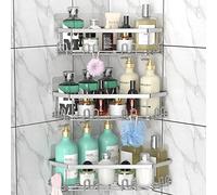 STEUGO Lot de 3 étagères d'angle de douche adhésives sans perçage en acier inoxydable avec 12 crochets pour salle de bain, dortoir et cuisine (argent).