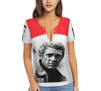 Steve Actor McQueen T-Shirt Femme Col V Profond - Haut Sexy à Manches Courtes, Tee-Shirt Graphique Décontracté pour Quotidien, Sorties, Soirées et Loisirs, Cadeau Fans de Cinéma et Mode,XX-Large
