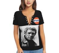 Steve Actor McQueen T-Shirt Femme Col V Profond - Haut Sexy à Manches Courtes, Tee-Shirt Graphique Décontracté pour Quotidien, Sorties, Soirées et Loisirs, Cadeau Fans de Cinéma et Mode,XX-Large