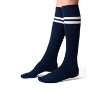 STEVEN Chaussettes Hautes pour Femme Le Mi-bas Chaussettes en Coton pour Dame Chaussettes Longues Au-dessus du Mollet Sous le Genou EU 38-40 Bleu marine à rayures blanches