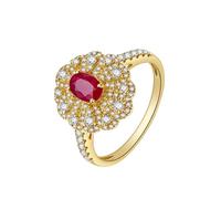 Stfery Alliances en or jaune 9K/14K/18K, bague de cocktail vintage pavée de fleurs pour femme, bague d'anniversaire en or véritable avec rubis naturel ovale 0,5 ct et diamants personnalisés, 10, Métal