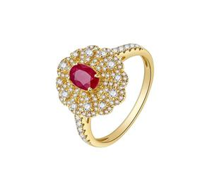 Stfery Alliances en or jaune 9K/14K/18K, bague de cocktail vintage pavée de fleurs pour femme, bague d'anniversaire en or véritable avec rubis naturel ovale 0,5 ct et diamants personnalisés, 8, Métal
