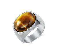 Stfery Bague Chevalière Ovale Acier Inoxydable Homme, Bague Argenté Large Incrusté d'Œil de Tigre 15mm Fantaisie Taille 57
