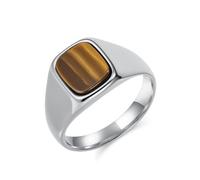 Stfery Bague Chevalière Pierre Carrée Homme Acier Inoxydable, Bague Argenté Large Incrusté de Pierre Œil de Tigre 12mm Fantaisie Taille 55