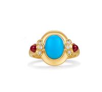 Stfery Bague cocktail ovale turquoise en or jaune 9K/14K/18K pour femme, bague de promesse avec turquoise 1,5 ct et diamants rubis or véritable personnalisé, 8.5, Métal, Turquoise Turquoise Rubis