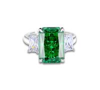 Stfery Bague cocktail triple pierre en or blanc 18 carats véritable pour elle, émeraude rectangulaire créée en laboratoire avec moissanite bague personnalisé4, 7, Métal, Moissanite Émeraude cultivée