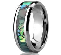 Stfery Bague Couple Homme Acier Tungstène Biseautée 6MM, Anneau Argent Multicolore Incrusté de Coquille d'Ormeau Unisexe Fantaisie Taille 52
