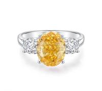 Stfery Bague de cocktail triple pierre en or blanc 18 carats personnalisée, bague de promesse ovale en citrine et moissanite pour femme, 10, Métal, Citrine Moissanite