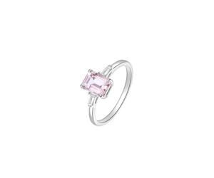 Stfery Bague de fiançailles en morganite en or blanc 9K/14K/18K pour elle, bague de promesse classique en or à trois pierres avec morganite rectangulaire de 2,5 carats et moissanite personnalisée, 6.5