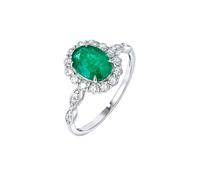 Stfery Bague de fiançailles en or blanc 9 K/14 K/18 carats avec émeraude ovale naturelle 0,9 ct et diamants sertis d'or véritable, 6, Métal, Émeraude Diamant