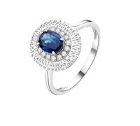 Stfery Bague de fiançailles en or blanc 9K/14K/18K en saphir créé, élégante bague de cocktail ovale martelée pour femme avec saphir cultivé en laboratoire 1 ct et or moissanite personnalisé, 9, Métal