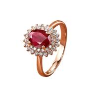 Stfery Bague de fiançailles en or rose 9K/14K/18K, bague de fiançailles en or rose étincelant, bague d'anniversaire pour femme avec rubis naturel ovale de 1,5 ct et diamants pavés en or véritable