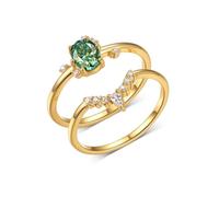 Stfery Bague de Fiançailles Femme Or 750, Duo de Anneaux Incrusté de Moissanite Vert Ovale, Bague Empilable Or Jaune 18 carats Taille 63