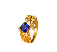 Stfery Bague de mariage en or jaune 9 K/14 K/18 carats en saphir créé, bague solitaire à feuilles vintage pour femme, bague déclaration en or véritable avec saphir carré de 1,5 ct cultivé en