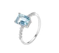 Stfery Bague de promesse aigue-marine en or blanc 9 K/14 K/18 carats pour femme, élégante bague rectangulaire en or blanc avec aigue-marine 1,4 ct et diamants pavés personnalisés, 8, Métal